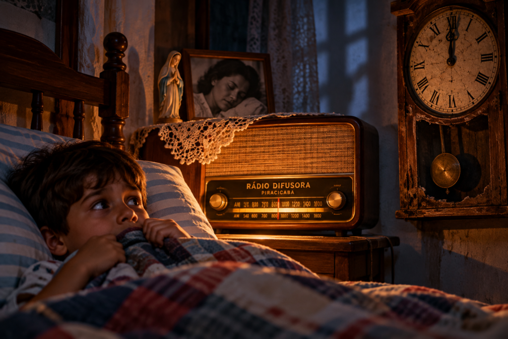 Menino assustado na cama durante a noite, observando um relógio antigo próximo da meia-noite, enquanto um rádio de época toca músicas sertanejas em um quarto dos anos 1980.