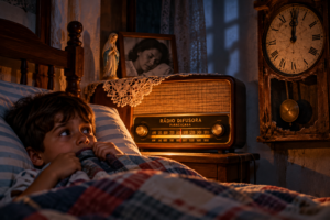 Menino assustado na cama durante a noite, observando um relógio antigo próximo da meia-noite, enquanto um rádio de época toca músicas sertanejas em um quarto dos anos 1980.