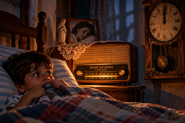 Menino assustado na cama durante a noite, observando um relógio antigo próximo da meia-noite, enquanto um rádio de época toca músicas sertanejas em um quarto dos anos 1980.