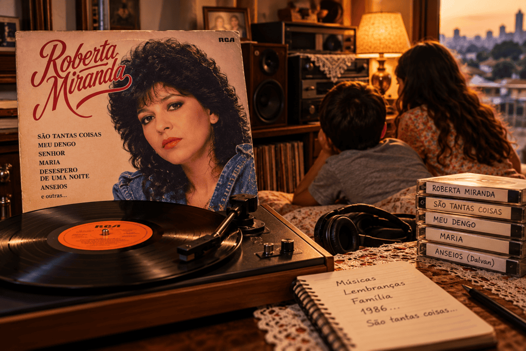 Vitrola tocando disco de vinil de Roberta Miranda em ambiente familiar dos anos 1980, com duas crianças ao fundo, simbolizando música sertaneja, infância e memórias afetivas.