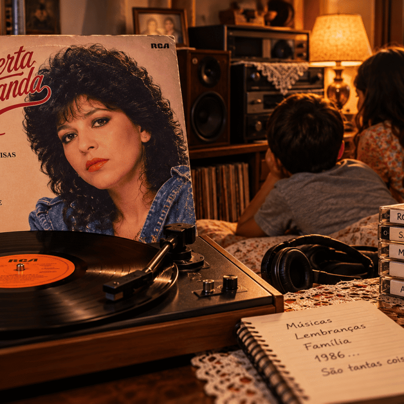 Vitrola tocando disco de vinil de Roberta Miranda em ambiente familiar dos anos 1980, com duas crianças ao fundo, simbolizando música sertaneja, infância e memórias afetivas.