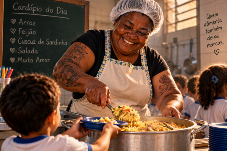 Merendeira negra sorridente, com braços fortes e tatuados, servindo merenda escolar a crianças em uma escola, representando carinho, memória afetiva e lembranças da infância.