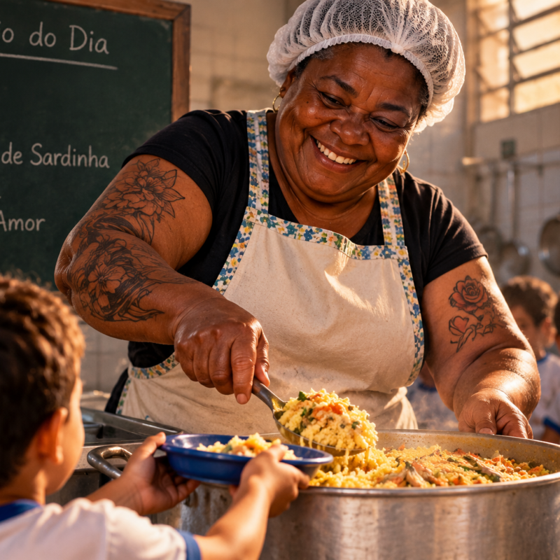 Merendeira negra sorridente, com braços fortes e tatuados, servindo merenda escolar a crianças em uma escola, representando carinho, memória afetiva e lembranças da infância.