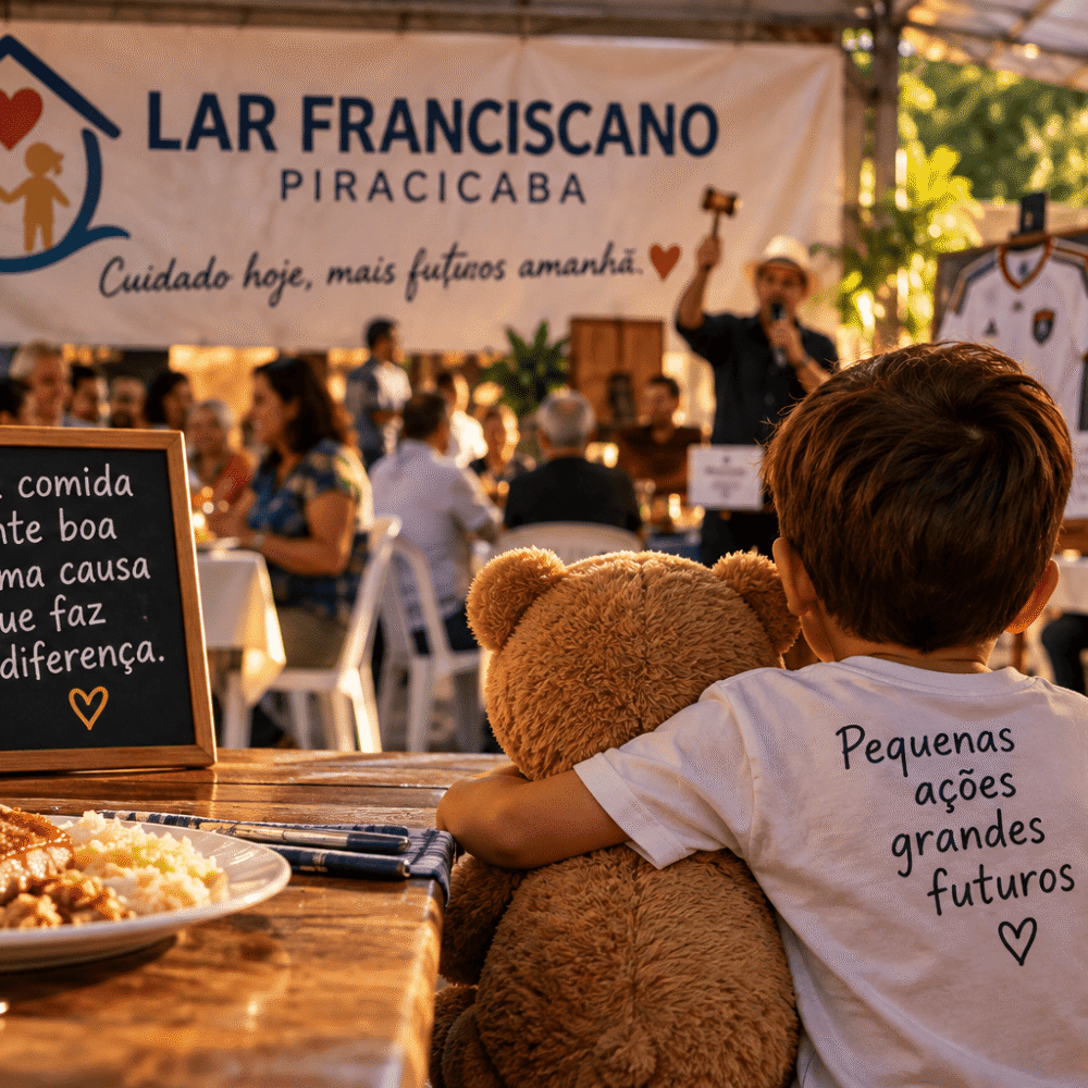 Criança abraçada a um urso de pelúcia observa evento beneficente com almoço e leilão, simbolizando solidariedade e pequenas ações em favor de crianças e adolescentes.