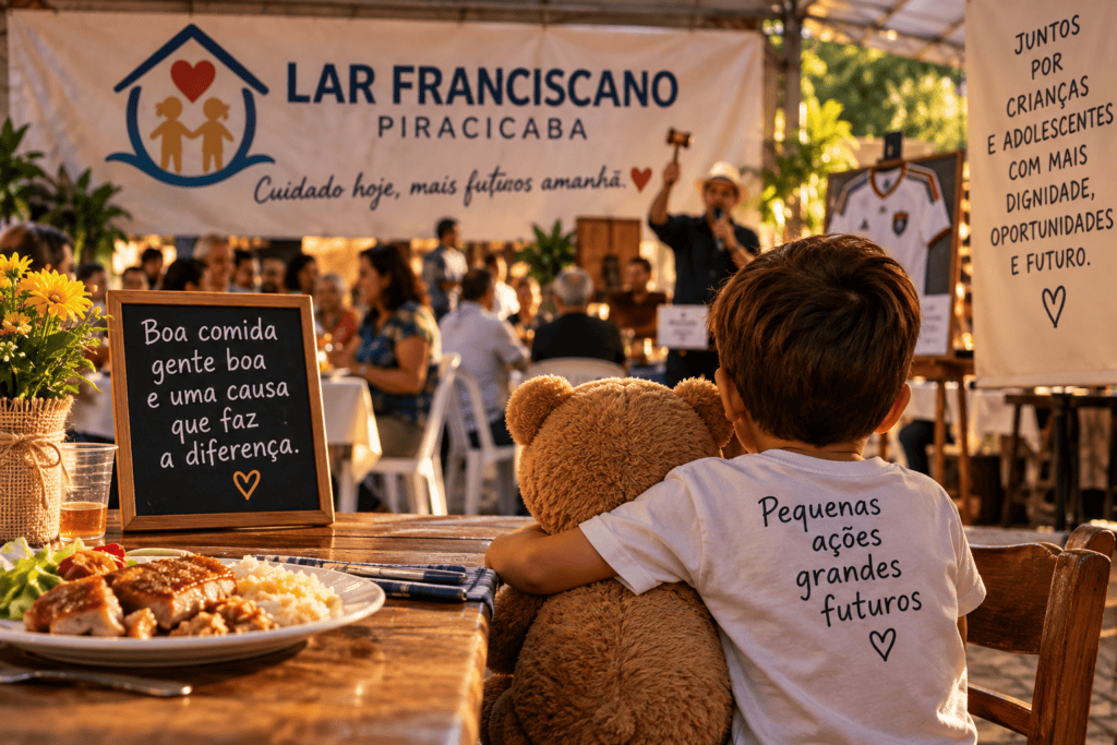 Criança abraçada a um urso de pelúcia observa evento beneficente com almoço e leilão, simbolizando solidariedade e pequenas ações em favor de crianças e adolescentes.