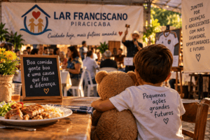 Criança abraçada a um urso de pelúcia observa evento beneficente com almoço e leilão, simbolizando solidariedade e pequenas ações em favor de crianças e adolescentes.