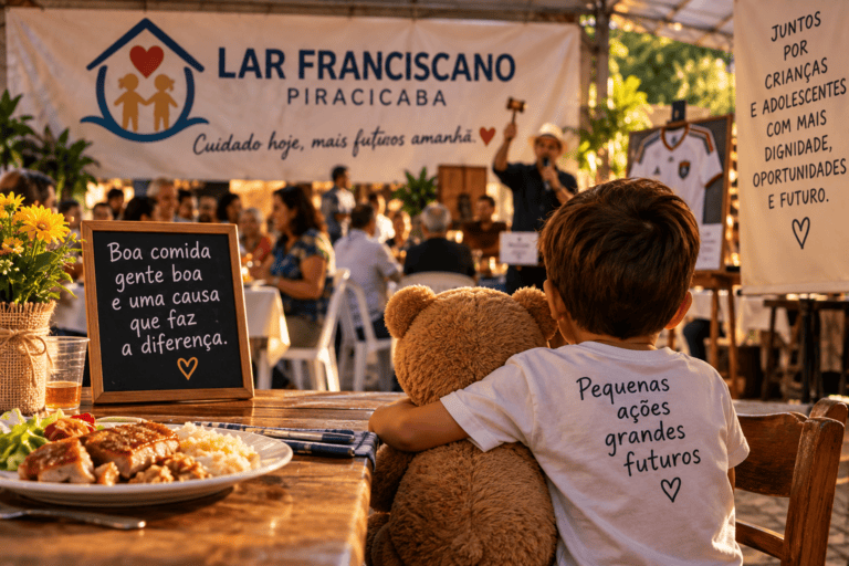 Criança abraçada a um urso de pelúcia observa evento beneficente com almoço e leilão, simbolizando solidariedade e pequenas ações em favor de crianças e adolescentes.